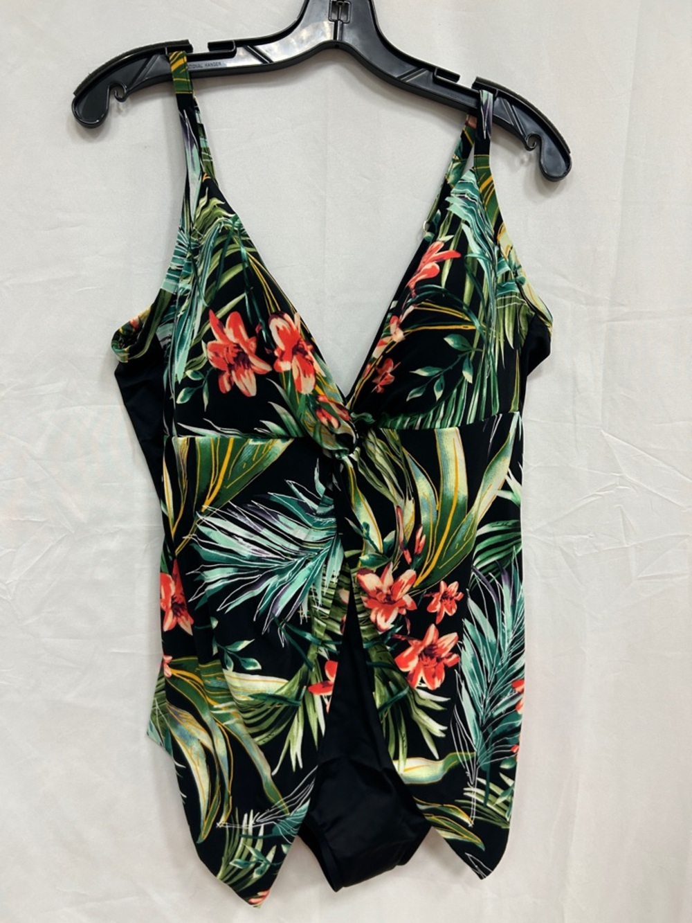Tropical Floral Twist-Front One-Piece Swimsuit - Black & Green 18W